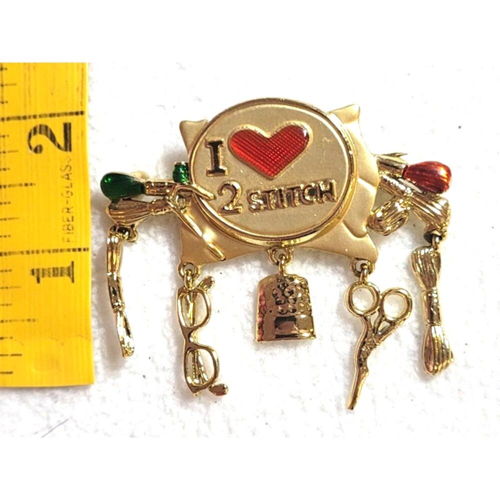 Danecraft I Love 2 Stitch Gold Tone Dangling Red Heart Enamel Brooch Vintage